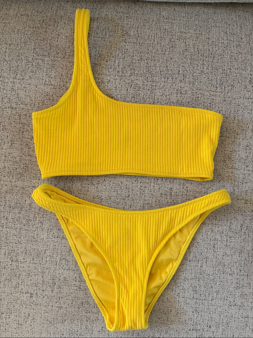 TRIANGL Yellow Ribbed One Shoulder Bikini Set Womens size Medium